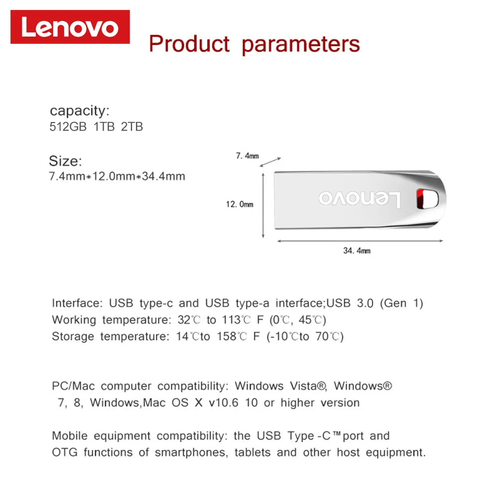 1 - Lenovo 2TB USB Flash Drives Mini Metal Real Capacity Memory Stick Black Pen Drive Creative Business Gift Silver Storage U Disk